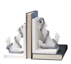 Anchor Bookends White Nautical Set With Blue Hemp Rope Detailing Ocean  7" Long