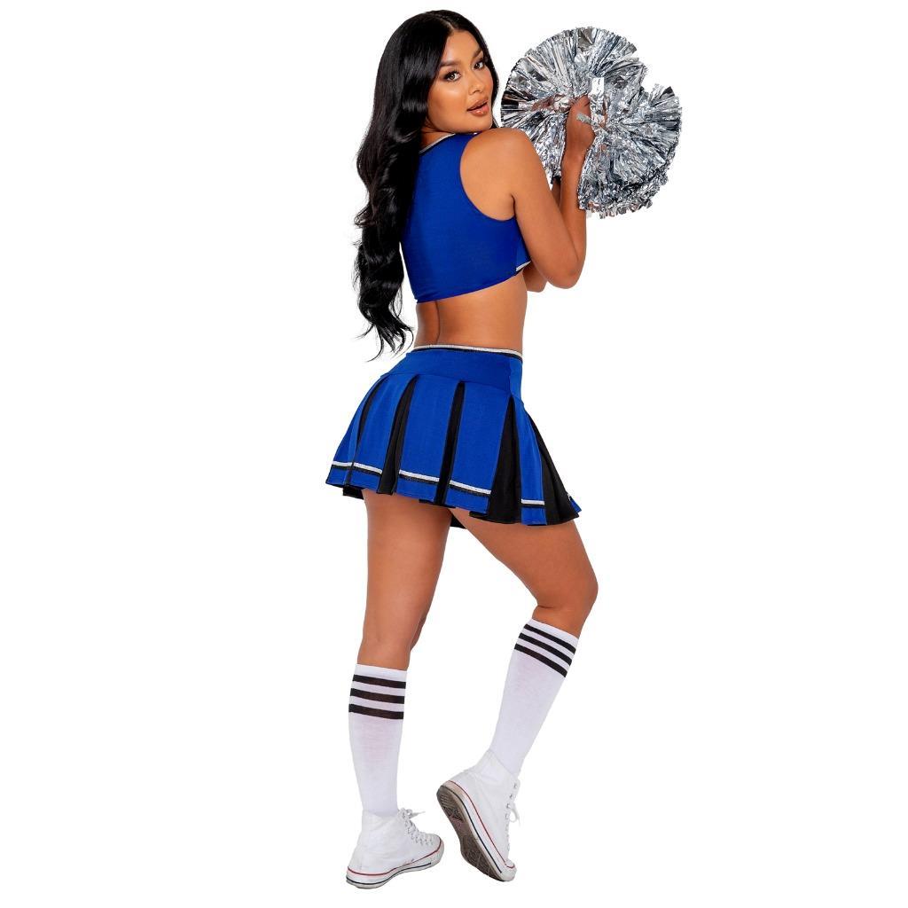 Cheerleader Costume Set Playboy Crop Top Pleated Mini Skirt Pom Poms Blue  PB138