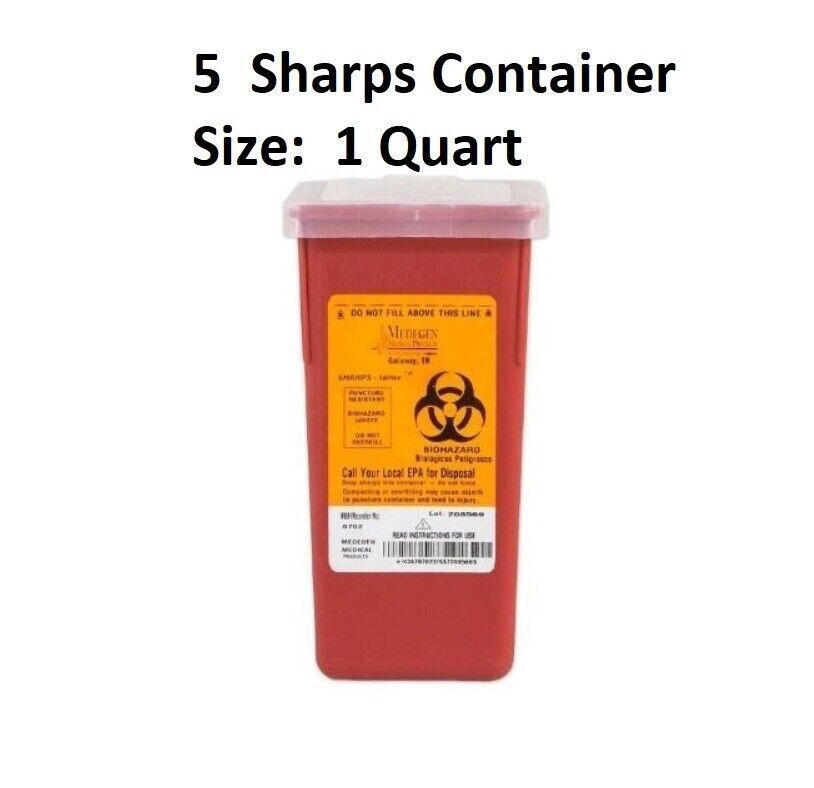 5 Sharps Container 1 Quart, with Flip Lid Biohazard for Sharps, Syringe