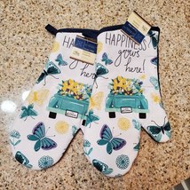 Oven Mitts set of 2, blue, Happiness Grows Here, Cottagecore Farmhouse k... - $12.99