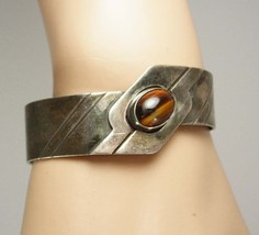 Sterling Large Cuff bracelet Tigereye Wide with relief artisan  mens wom... - $225.00