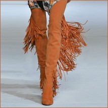 Long Fringe Russet Suede Leather Over the Knee Thigh High Square Heel LA Boots image 1