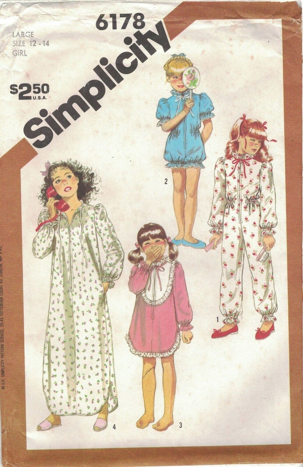 Primary image for Vintage Simplicity 6178 Zip Front Nightgown, Robe, One Piece Pajamas Girls 12-14