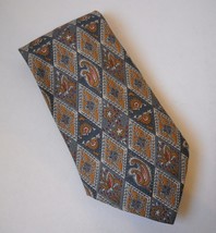 Christopher Hayes Neck Tie Steel Blue Gold 100% Silk Diamond Paisley Floral - $34.00