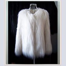 Long Shaggy Hair White Angora Sheep Faux Fur Medium Length Coat Jacket image 2