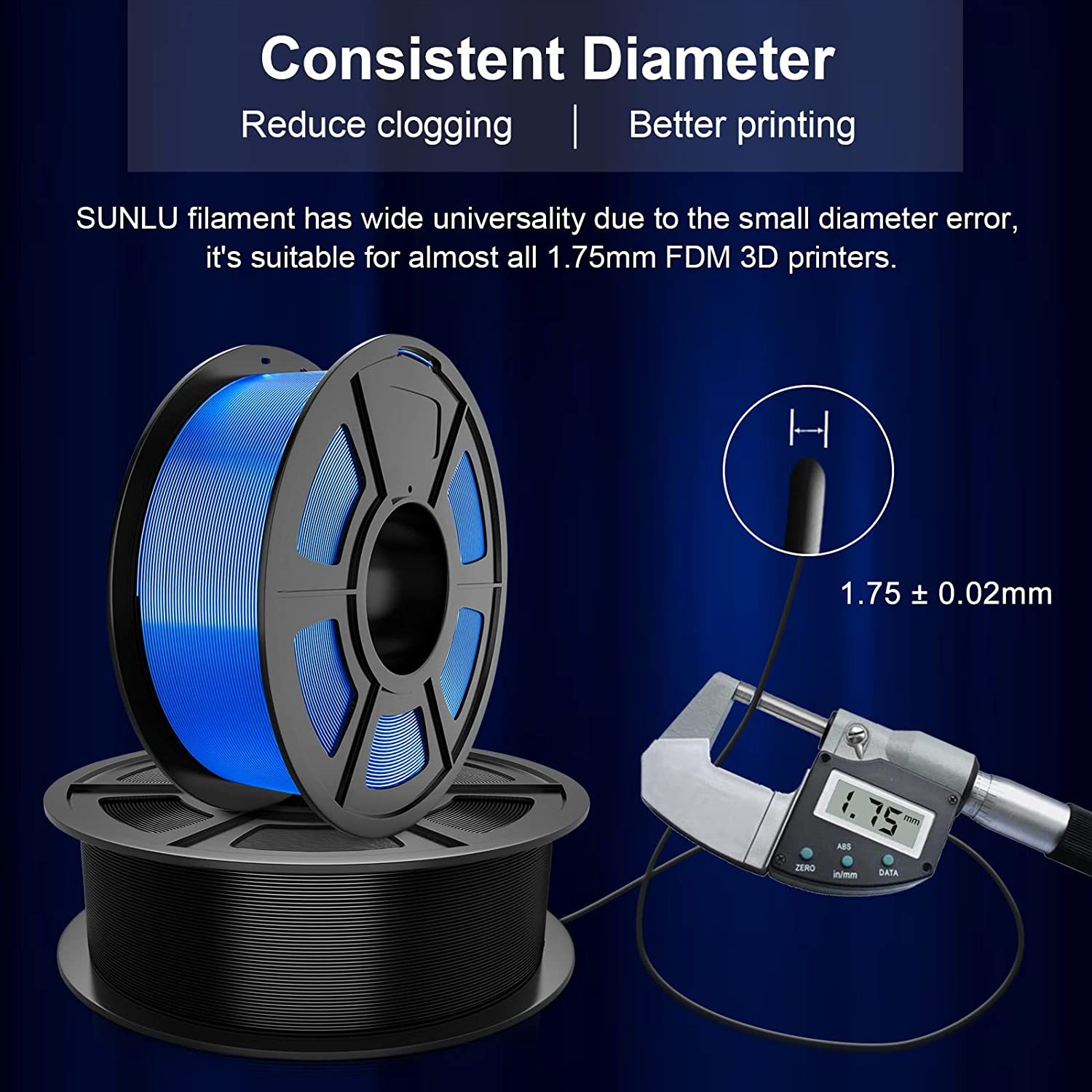 SUNLU ABS 3D Printer Filament 1.75MM +/- 0.02MM 1KG Spool Black
