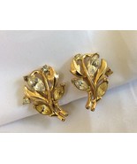 VTG Trifari signed gold tone metal clear citrin crystal Floral clips ear... - $44.55