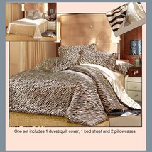 Tan Silk Zebra Duvet Cover 4 Pc Bed Set King Queen Full Top Sheet & 2 Pillowcase