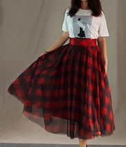 Womens Red Plaid Skirt Long Tulle Plaid Skirt - Red Check,High Waist, Plus Size image 7