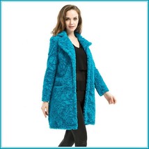 Retro Big Lapel Blue Rose Print Cut Faux Fur Long Trench Coat with Pockets