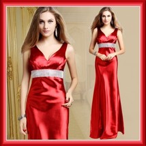 Red Formal Sleeveless Satin Beaded Empire Waist V Neck Sheath Evening Prom Gown  image 1