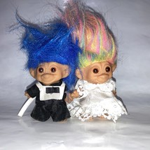 Vintage Wishnik Bride n' Groom Trolls Uneeda Hair Blue & Rainbow - $12.55