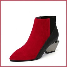 Red And Black Split Color Suede Genuine Cow Leather Cuban Heel Ankle Boots