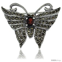 Sterling Silver Marcasite Butterfly Brooch Pin w/ Oval Cut Garnet Stone, 1 1/4  - $81.12