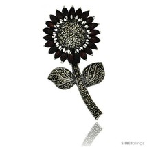Sterling Silver Marcasite Large Sunflower Brooch Pin w/ Marquise Cut Garnet  - $134.94