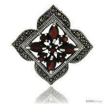 Sterling Silver Marcasite Clover Brooch Pin w/ Round & Marquise Cut Garnet  - $94.38