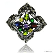 Sterling Silver Marcasite Clover Brooch Pin w/ Round & Marquise Cut Multi  - $94.38