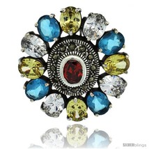 Sterling Silver Marcasite Large Flower Brooch Pin w/ Oval Cut Multi Color  - $156.00