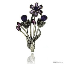 Sterling Silver Marcasite Flower Cluster Brooch Pin w/ Round, Pear, Oval &  - $130.26
