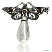Sterling Silver Marcasite Butterfly Brooch Pin w/ Round Garnet Stones & Faux  - $41.34