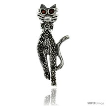 Sterling Silver Marcasite Cool Cat Brooch Pin w/ Round Garnet Stones, 1 7/16 in  - $31.98