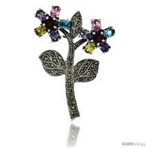 Sterling Silver Marcasite Double Flower Brooch Pin w/ Round & Oval Cut Multi  - $102.18