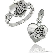 Size 6 - Sterling Silver Quinceanera 15 ANOS Heart Ring & Pendant Set CZ Stones  - $66.82