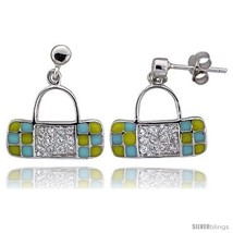 Sterling Silver 5/8in  (16 mm) tall Purse Dangle Earrings, Rhodium Plated w/ CZ  - $64.89