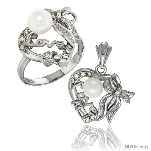 Size 7 - Sterling Silver Heart LOVE Bow w/ Faux Pearl Ring & Pendant Set CZ  - $116.67