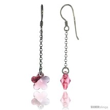 Sterling Silver Flower Pink Sapphire Swarovski Crystals Drop Earrings, 2 1/16  - $25.14
