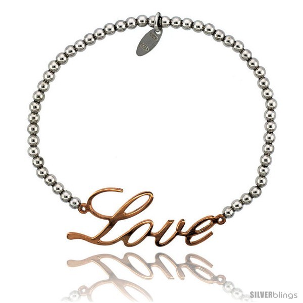 Primary image for Sterling Silver 7 in. Ball Bead Link Bracelet w/ Rose Gold Finish LOVE Plate, 