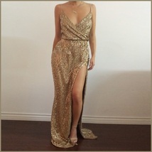 Evening Goddess Gold Sequin V Neck Empire Waist Spaghetti Strap Hollywood Gown image 2
