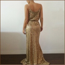 Evening Goddess Gold Sequin V Neck Empire Waist Spaghetti Strap Hollywood Gown image 3