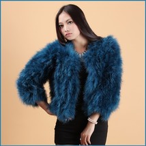 Turquoise Blue Ostrich Feather Wool Fur Waist Length Fashion Coat Jacket