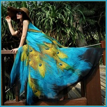 Bohemian Blue Peacock Print Chiffon Sleeveless Long Flare Summer Beach Dress image 2