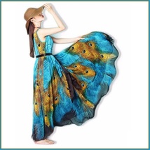 Bohemian Blue Peacock Print Chiffon Sleeveless Long Flare Summer Beach Dress image 3