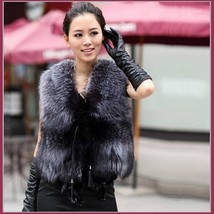  Silver Blue Fox Gilet Tassel Leather Ties Waistcoat Faux Fur Vest Jacket  image 1