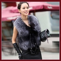  Silver Blue Fox Gilet Tassel Leather Ties Waistcoat Faux Fur Vest Jacket  image 2