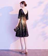 Women Knee Length Black Gold Sequin Dress Sleeved V Neck Sequin Dress Plus Size image 8
