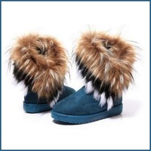 Tufted Faux Fur Soft Suede Blue Leather Plush Lined Fashion Ankle Snow Boots