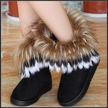 Tufted Faux Fur Soft Suede Black Leather Plush Lined Fashion Ankle Snow Boots