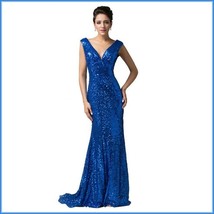 Sapphire Blue Sequined Lace Up Back Long Train Mermaid Evening Prom Gown
