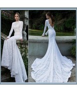 Elegant Backless Long Sleeve Mermaid White Lace Chiffon Long Train Brida... - $489.95