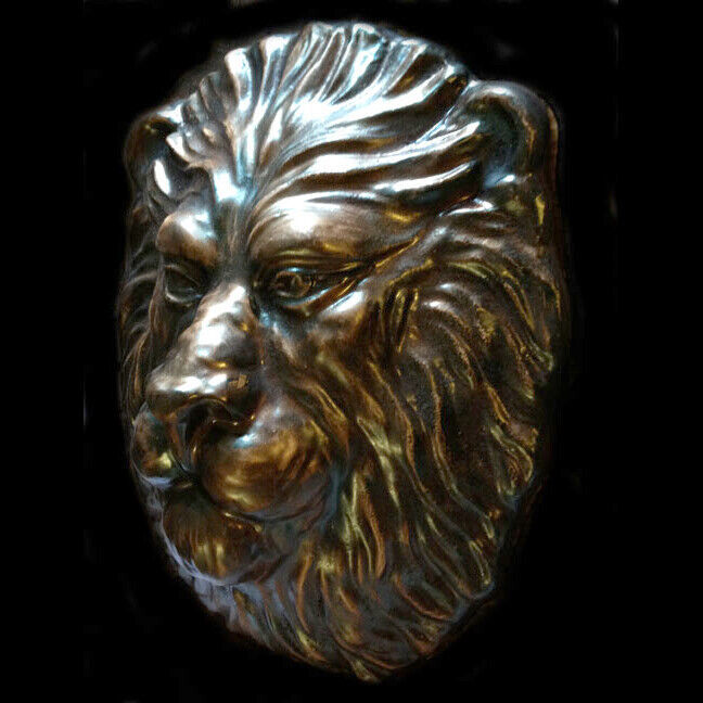 Large and Heavy Lion Head wall sculpture plaque in Dark Bronze Finish