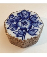 Vintage Porcelain Blue Flower Trinket Jewelry Box Octagon Mirror Silver ... - $25.00