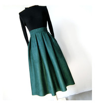 Green Suede Midi Skirt Outfit Womens Autumn Winter Midi Pleated Skirt image 4