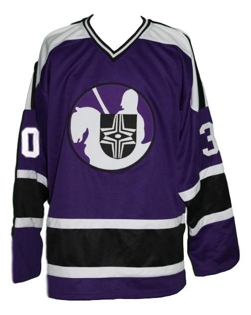 Gerry cheevers  30 cleveland crusaders retro hockey jersey purple   1
