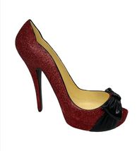 Red Glitter Wine Bottle Holder Stiletto Shoe 8" High with Black Bow Poly Stone image 1