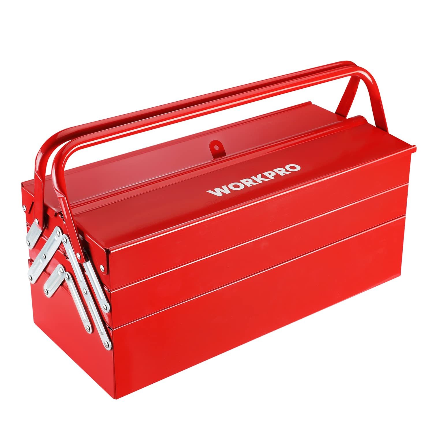 WorkPro Metal Tool Box, 18-inch Cantilever Folding Red Storage Box, 3-Layer 5-Tray Multi-function Tool Organizer, Red