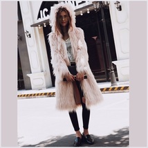 Pink Hooded Fluffy long Hair Angora Goat Faux Fur Long Trench Coat Jacket